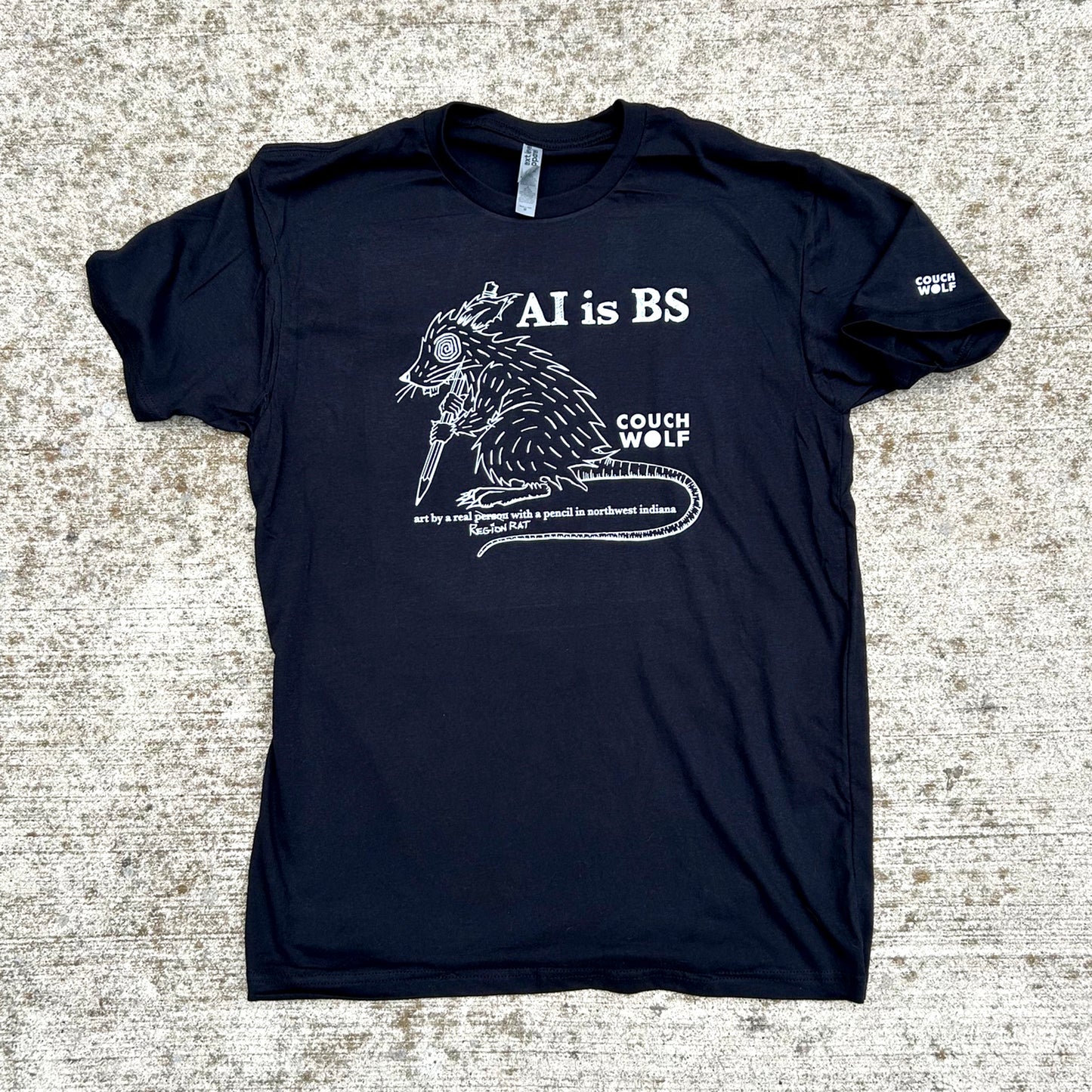 Black t-shirt with white rat graphic graphic and text on a textured surface